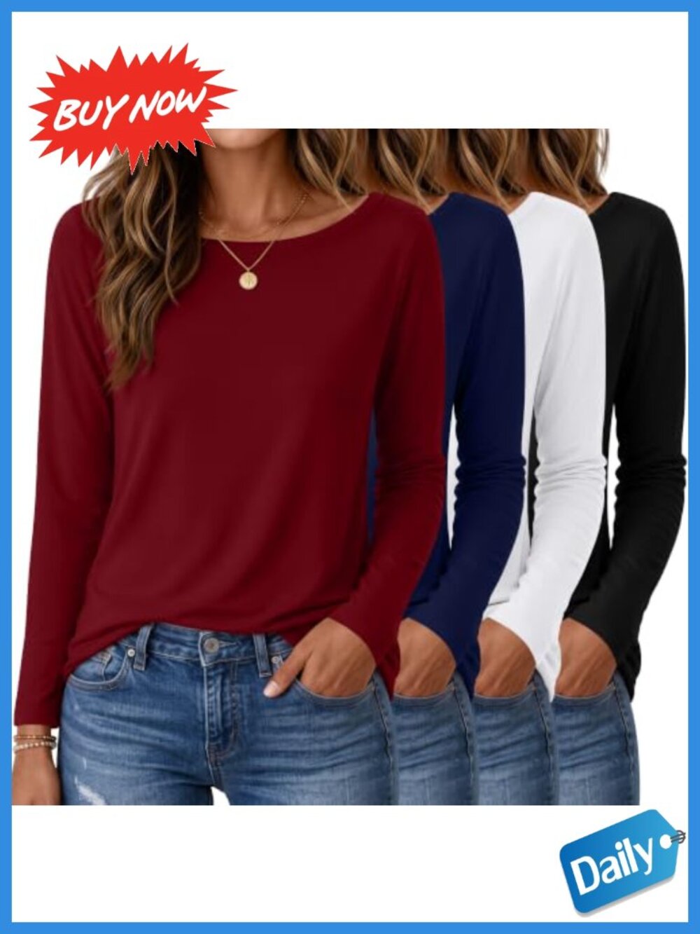 Women's Long Sleeve Boat Neck T-Shirts 4 Pack Cotton Blend Basic Tops